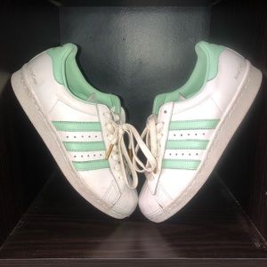 Adidas White and seafoam green 6 Superstar